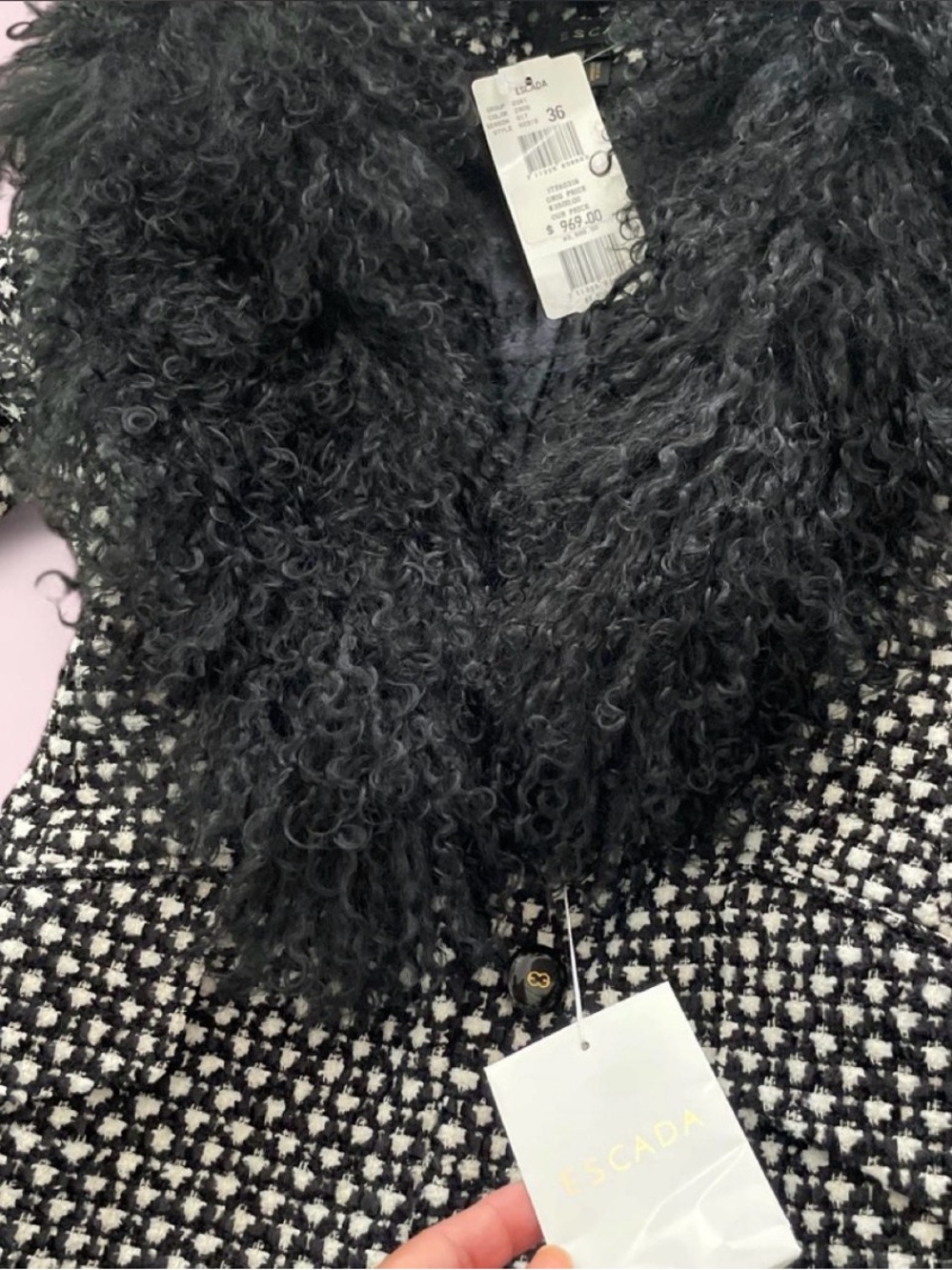 Escada Black & White Patterned Pea Coat with Faux Fur Trim - Picture 3 of 5